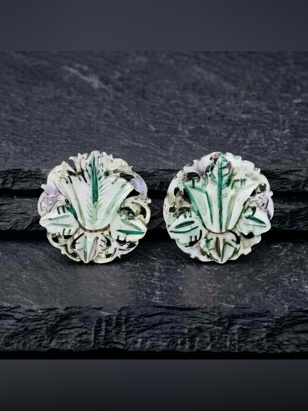 Vintage 40s Carved Mother of Pearl Purple Green Dyed Flower Screw Back Earrings